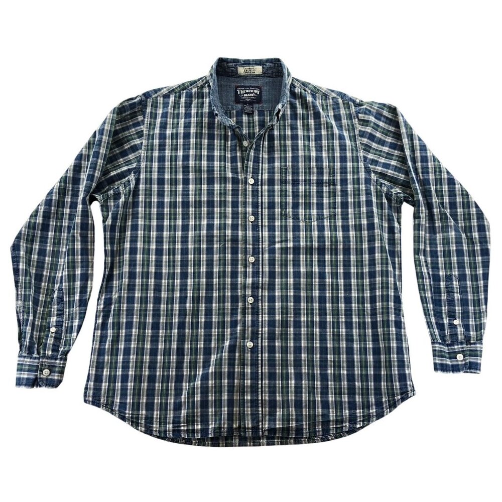 The New Ivy Brand Mens Shirt Large Indigo Blue Plaid Button-Down Shirt Western